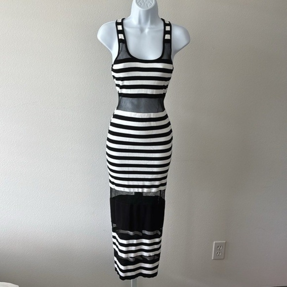 NWT Mesh Panel Dress M Y2K Black White Striped Bodycon Festival Streetwear Glam - Picture 2 of 16